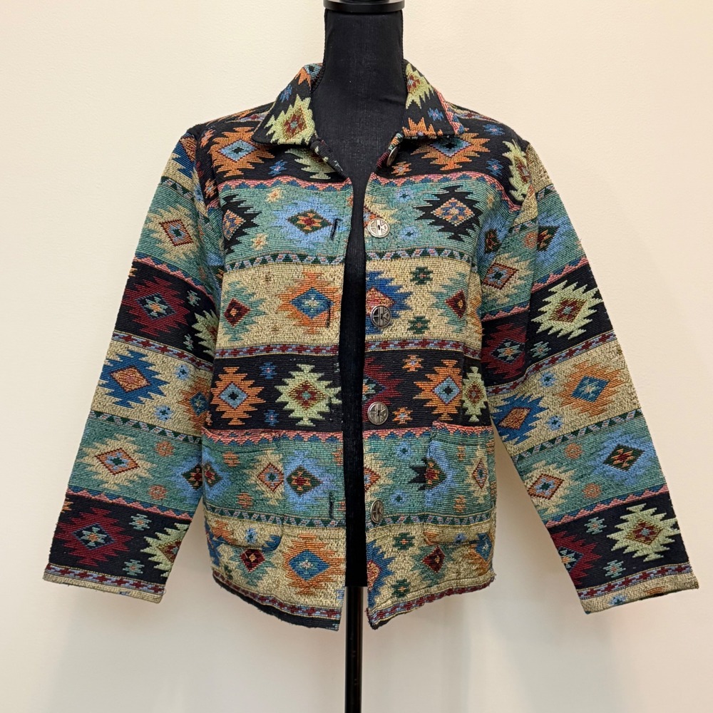 Jane Ashley Womens L Tapestry Jacket Southwestern Geometric‎ Woven Button Front